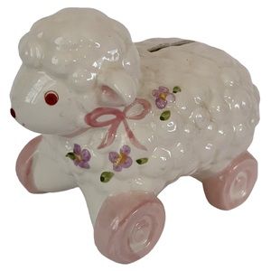 Lamb With Pink Ribbons and Flowers Piggy Bank